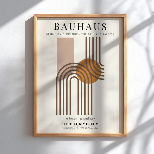 Bauhaus poster featuring geometric shapes and warm colors, modern wall art for home decor