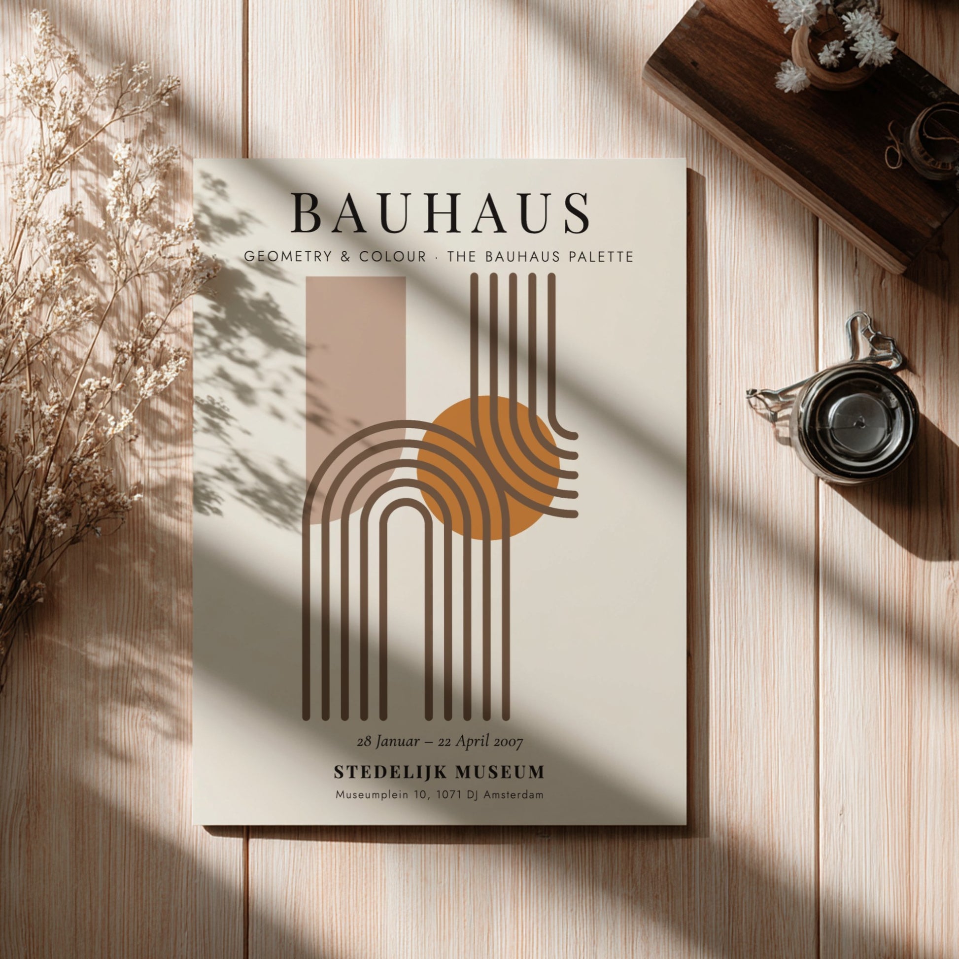 Bauhaus poster featuring geometric shapes and warm colors, modern wall art for home decor