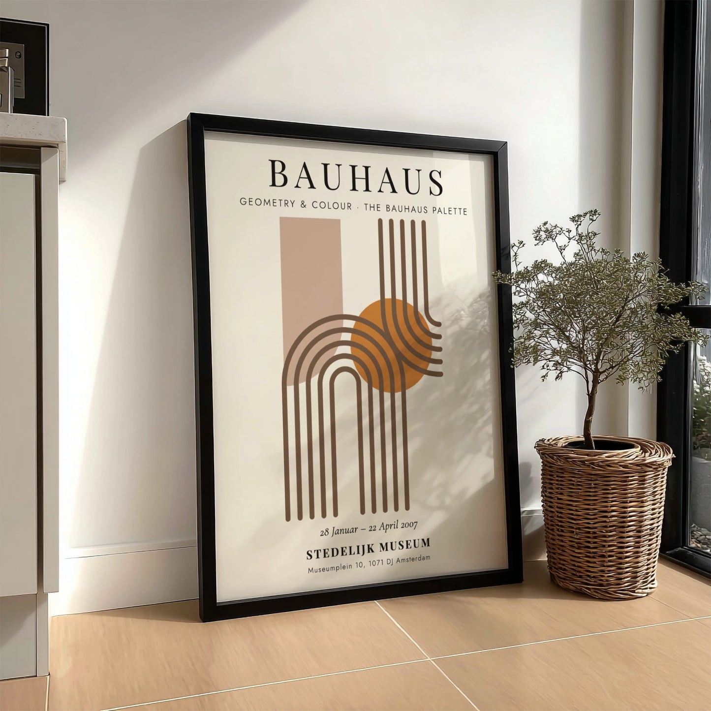 Bauhaus poster featuring geometric shapes and warm colors, modern wall art for home decor