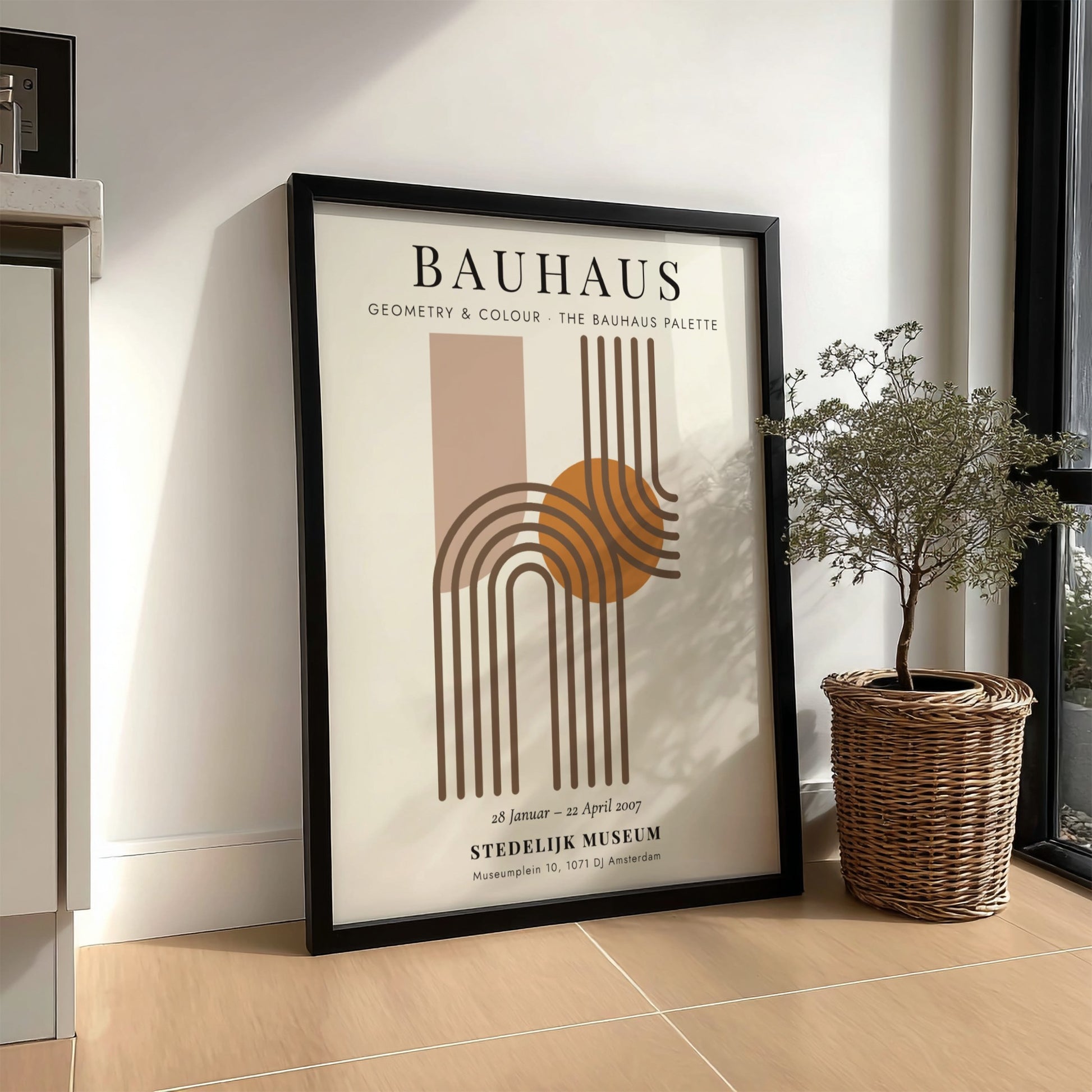 Bauhaus poster featuring geometric shapes and warm colors, modern wall art for home decor