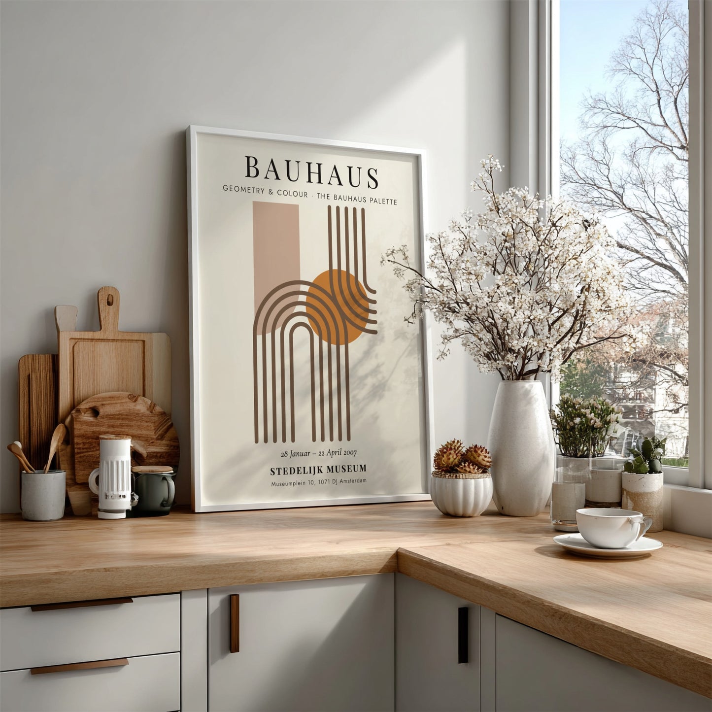 Bauhaus poster featuring geometric shapes and warm colors, modern wall art for home decor