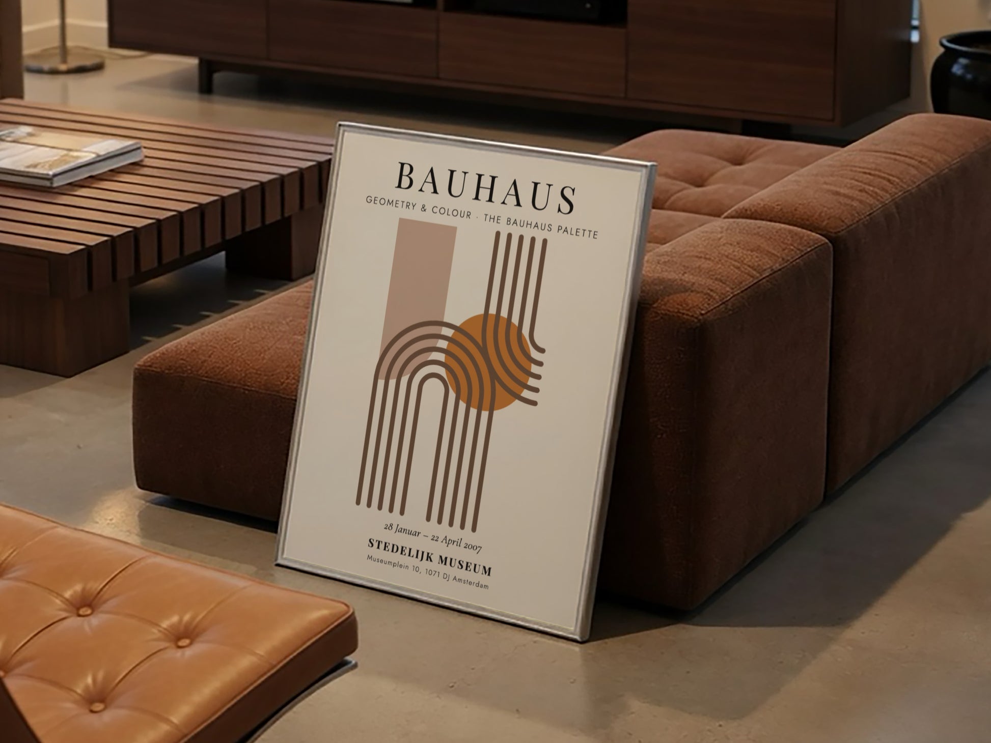 Bauhaus poster featuring geometric shapes and warm colors, modern wall art for home decor