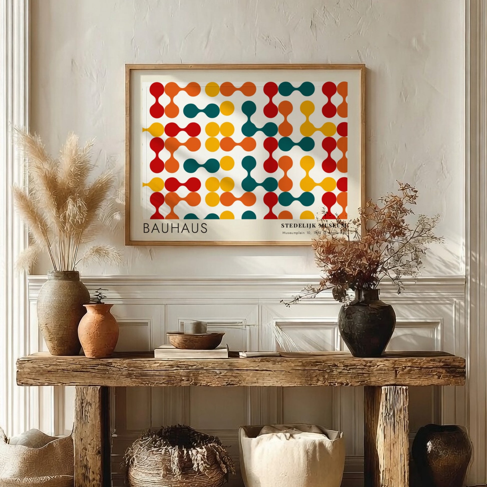 Wall art poster featuring a Bauhaus Stedelijk Museum geometric pattern in primary colors.
