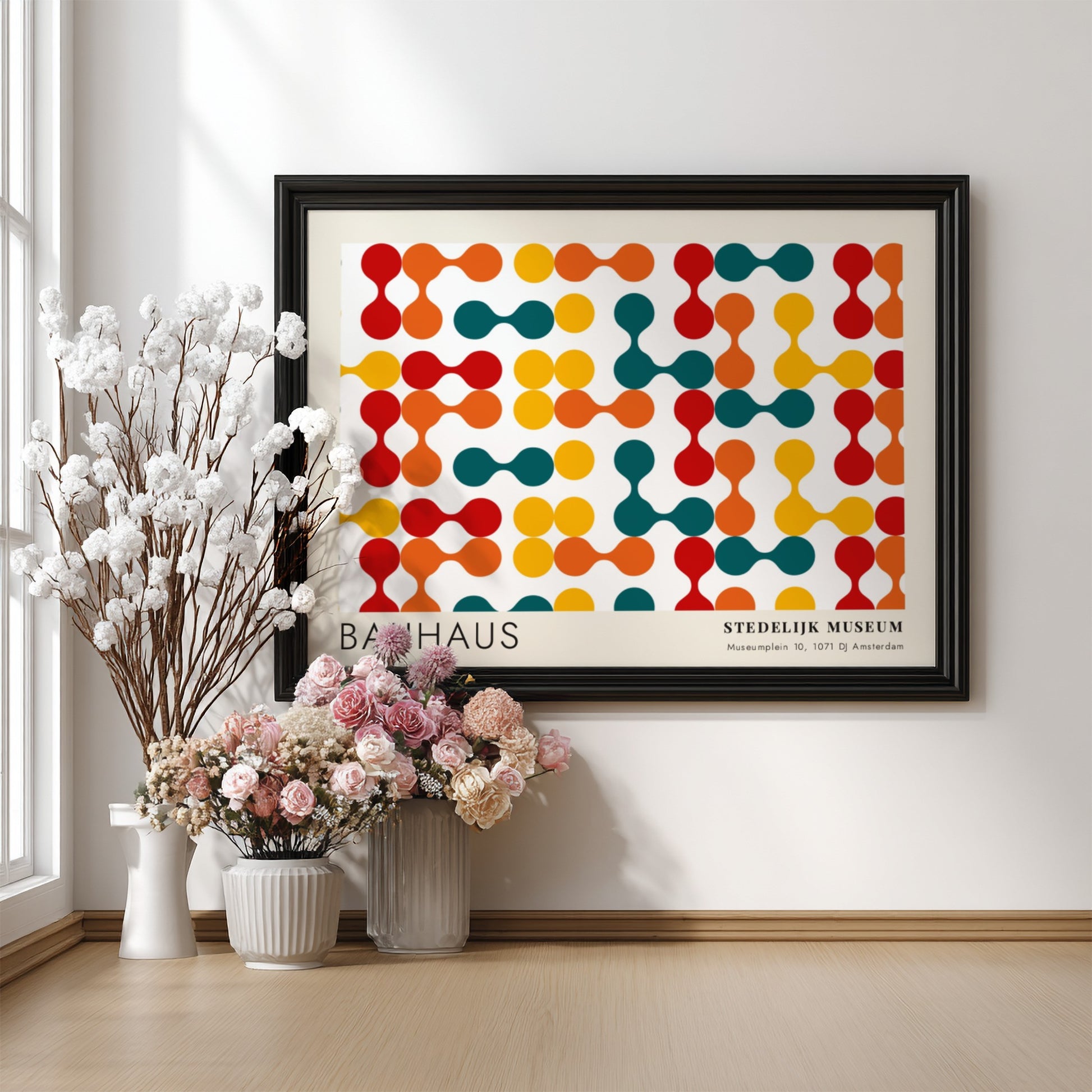 Wall art poster featuring a Bauhaus Stedelijk Museum geometric pattern in primary colors.