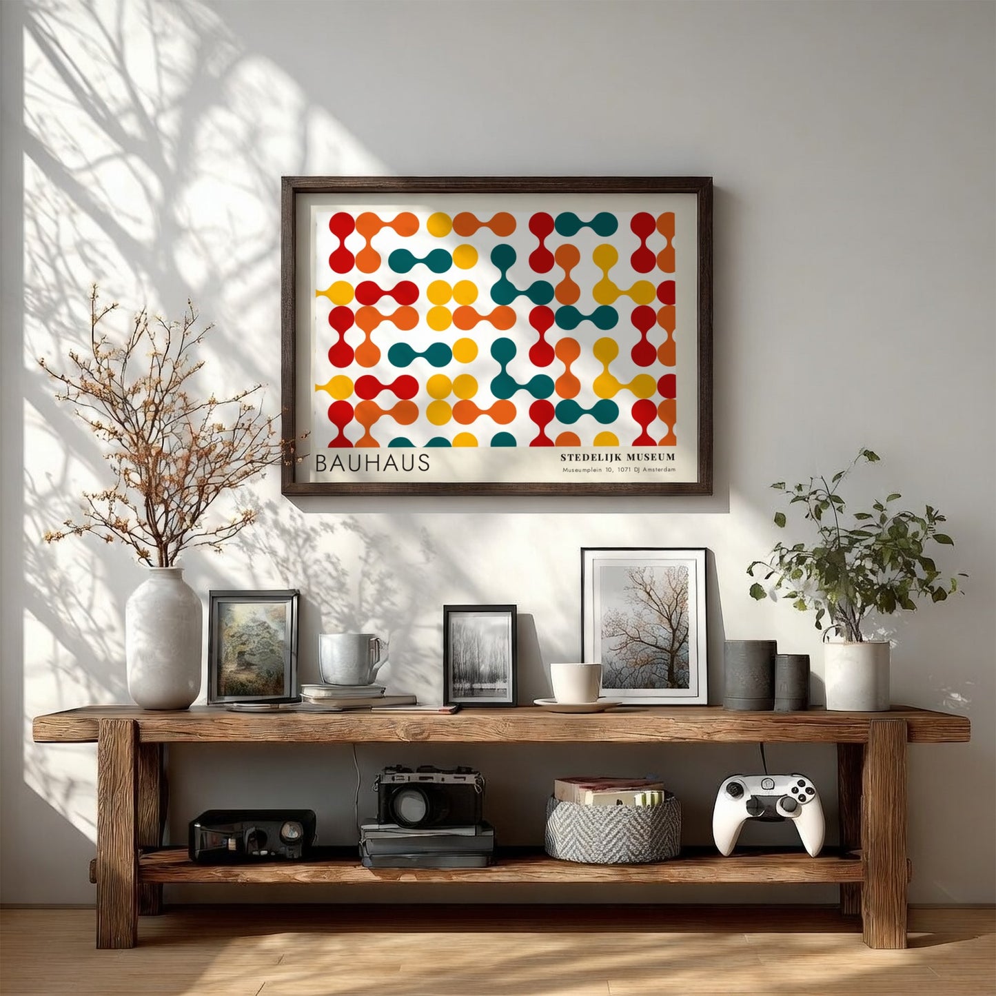 Wall art poster featuring a Bauhaus Stedelijk Museum geometric pattern in primary colors.