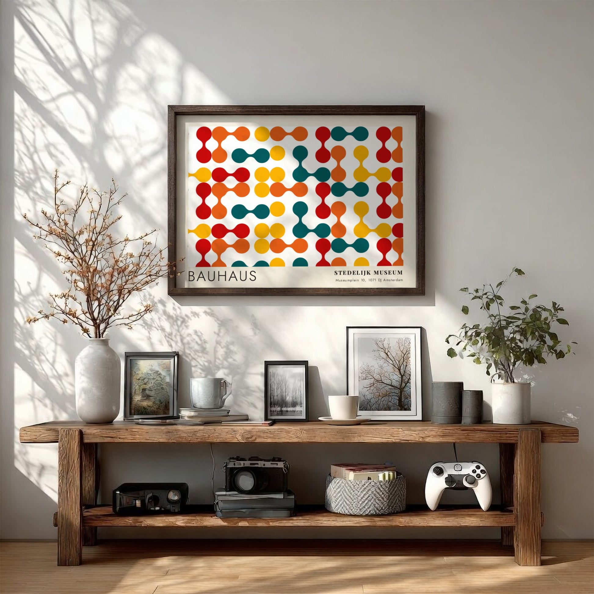 Wall art poster featuring a Bauhaus Stedelijk Museum geometric pattern in primary colors.