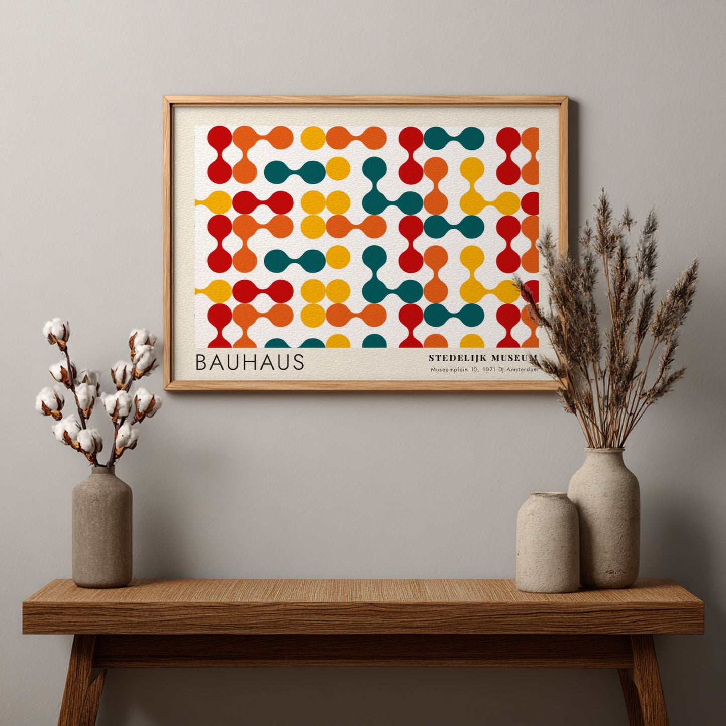 Wall art poster featuring a Bauhaus Stedelijk Museum geometric pattern in primary colors.
