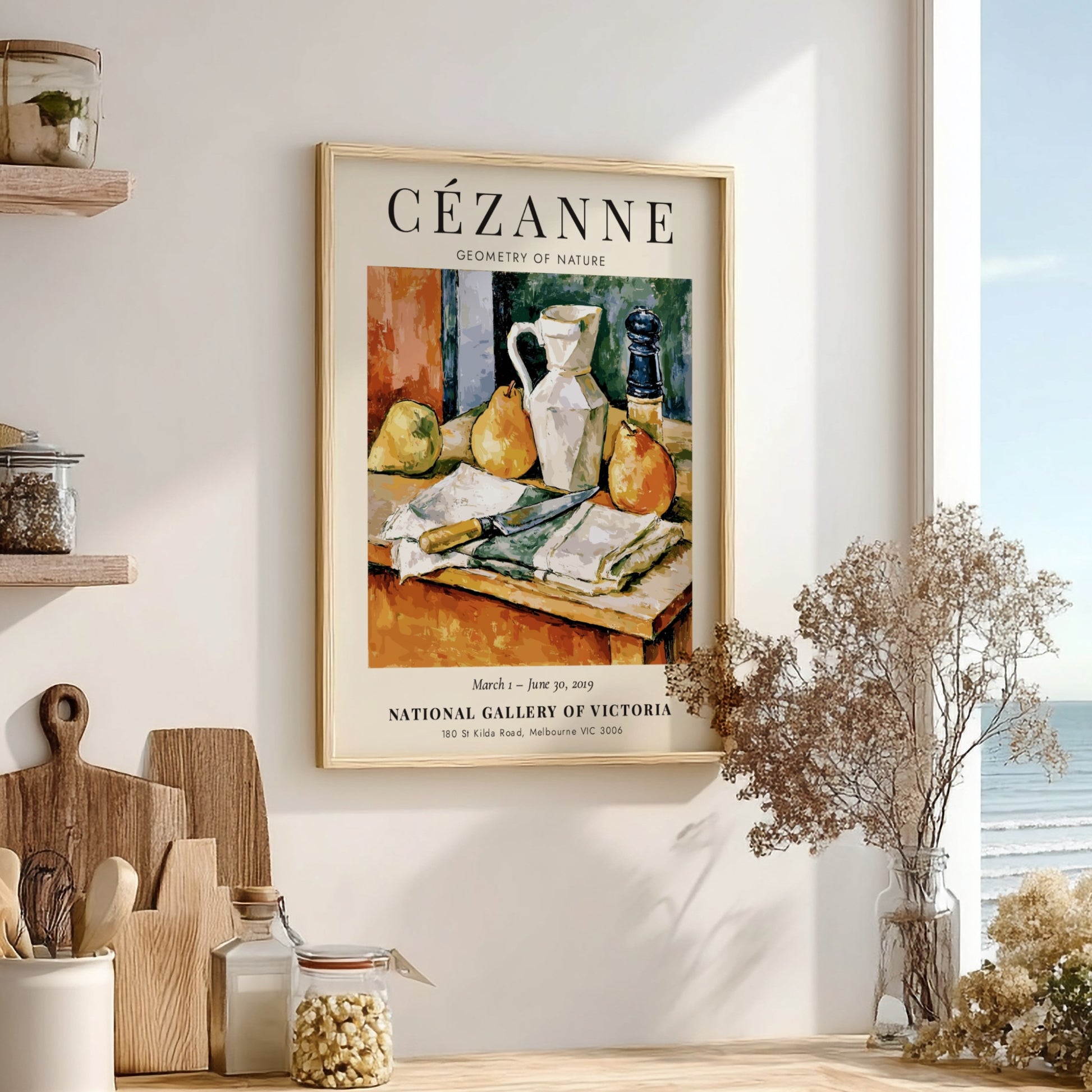 Cézanne exhibition poster featuring still life with pears and a jug in warm colors and textured brushwork