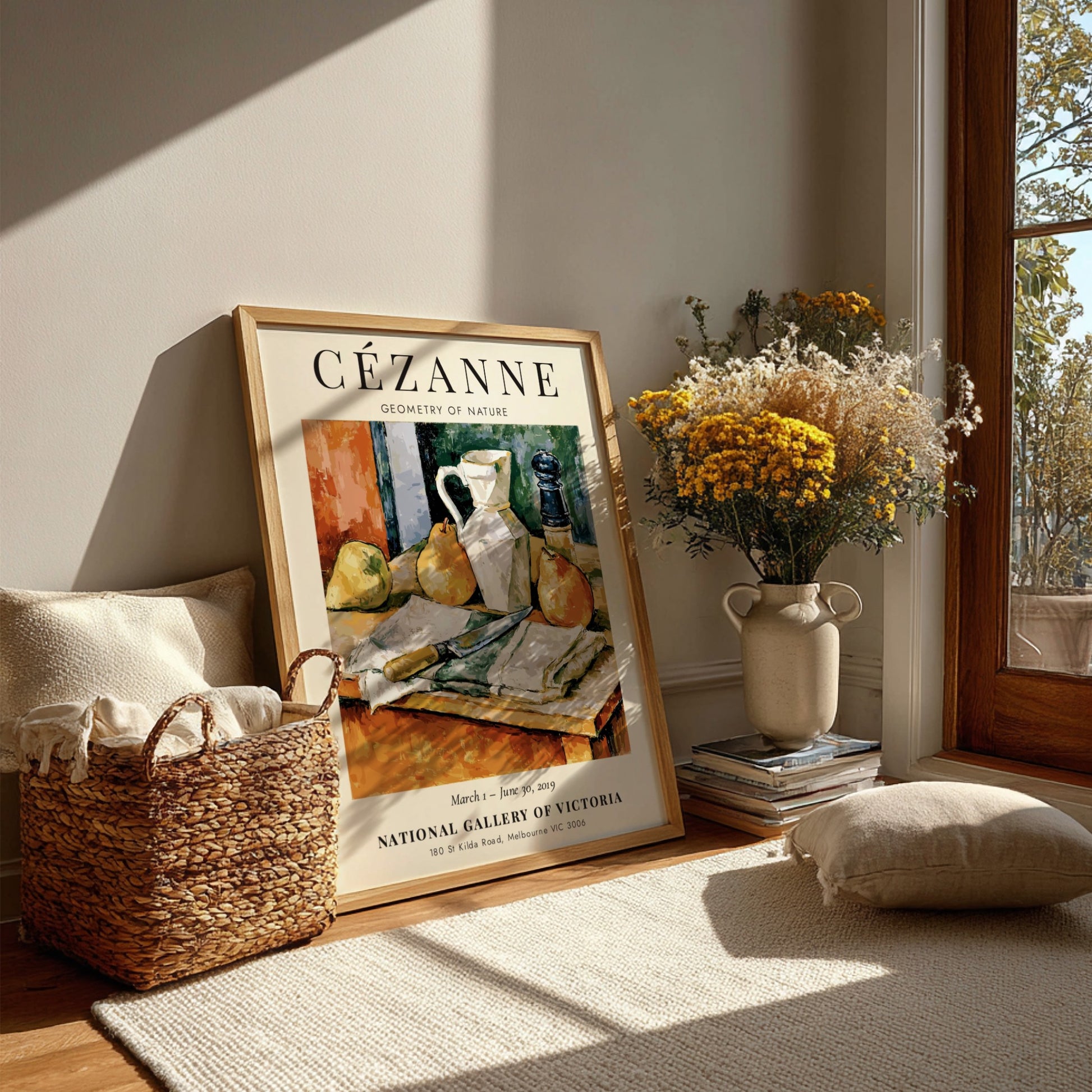 Cézanne exhibition poster featuring still life with pears and a jug in warm colors and textured brushwork