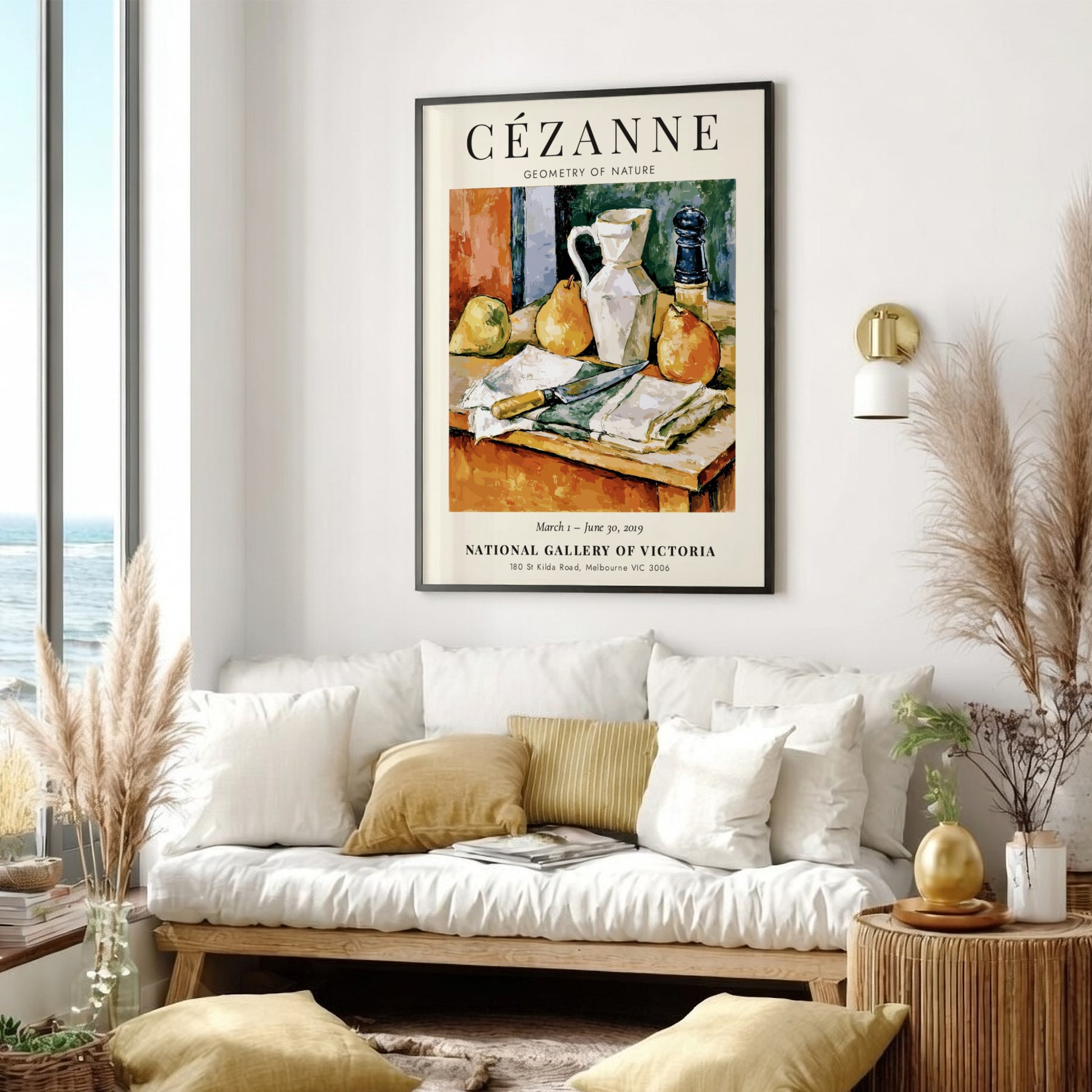 Cézanne exhibition poster featuring still life with pears and a jug in warm colors and textured brushwork