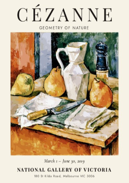 Cézanne exhibition poster featuring still life with pears and a jug in warm colors and textured brushwork