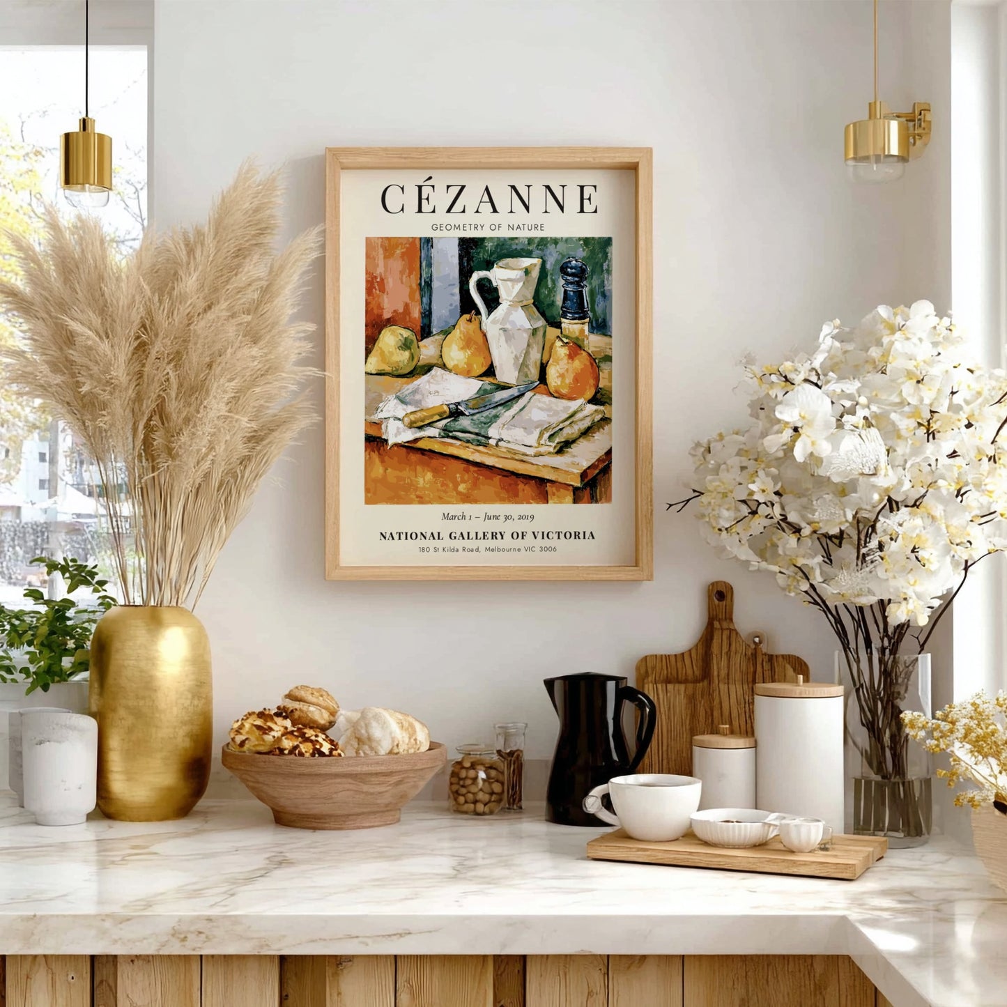 Cézanne exhibition poster featuring still life with pears and a jug in warm colors and textured brushwork