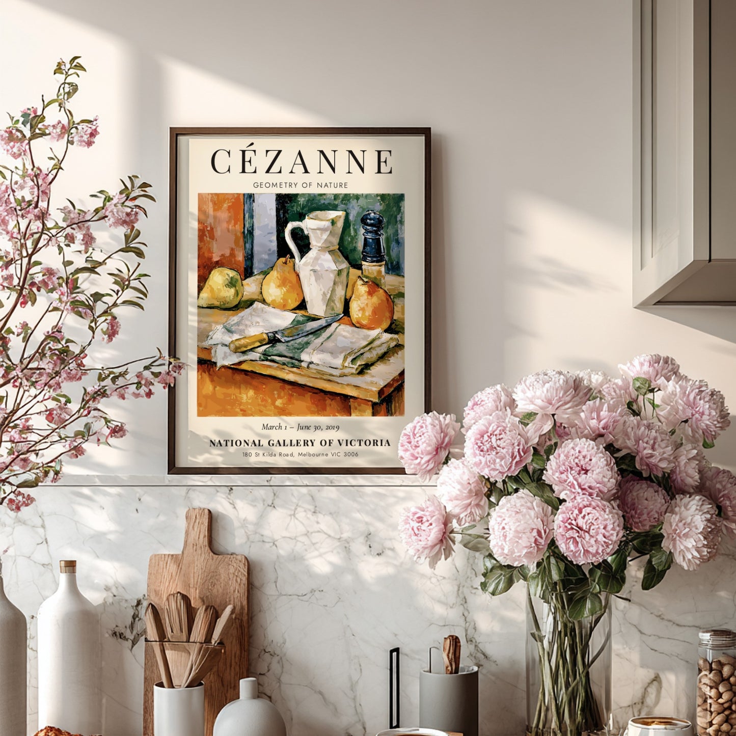Cézanne exhibition poster featuring still life with pears and a jug in warm colors and textured brushwork