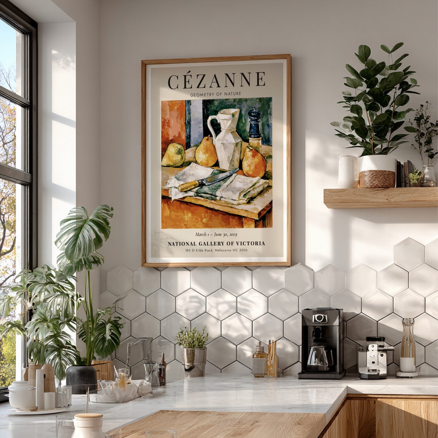Cézanne exhibition poster featuring still life with pears and a jug in warm colors and textured brushwork