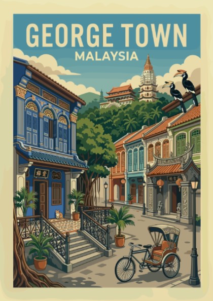 Vintage George Town, Malaysia travel poster featuring colourful shophouses and a bicycle.