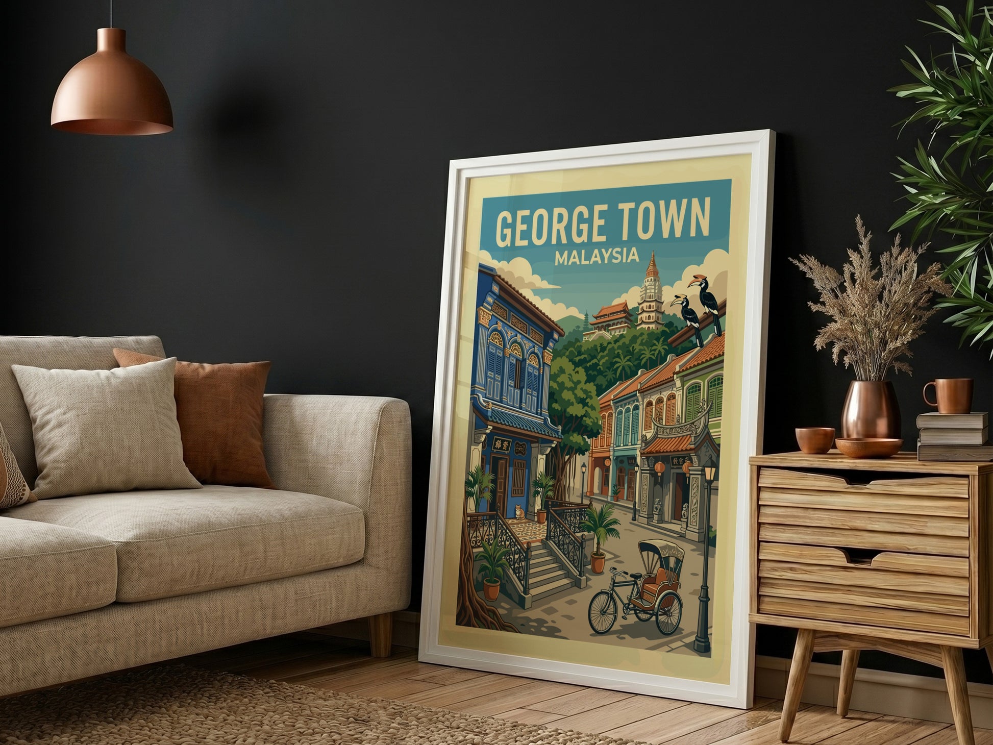 Vintage George Town, Malaysia travel poster featuring colourful shophouses and a bicycle.