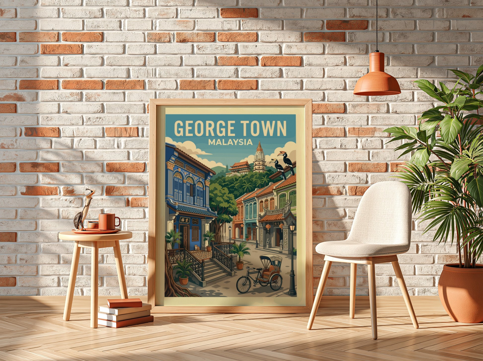 Vintage George Town, Malaysia travel poster featuring colourful shophouses and a bicycle.