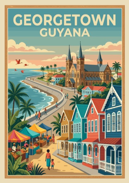 Georgetown Guyana travel poster featuring colonial buildings, a coastal market, and palm trees.