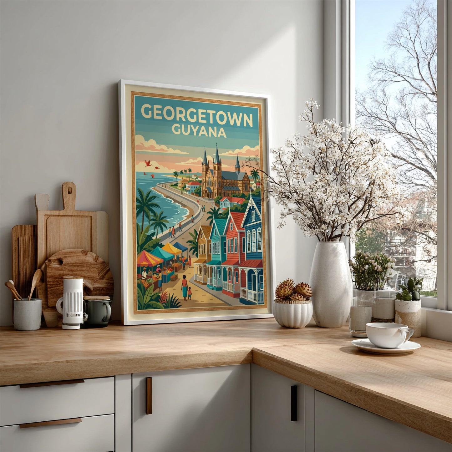 Georgetown Guyana travel poster featuring colonial buildings, a coastal market, and palm trees.