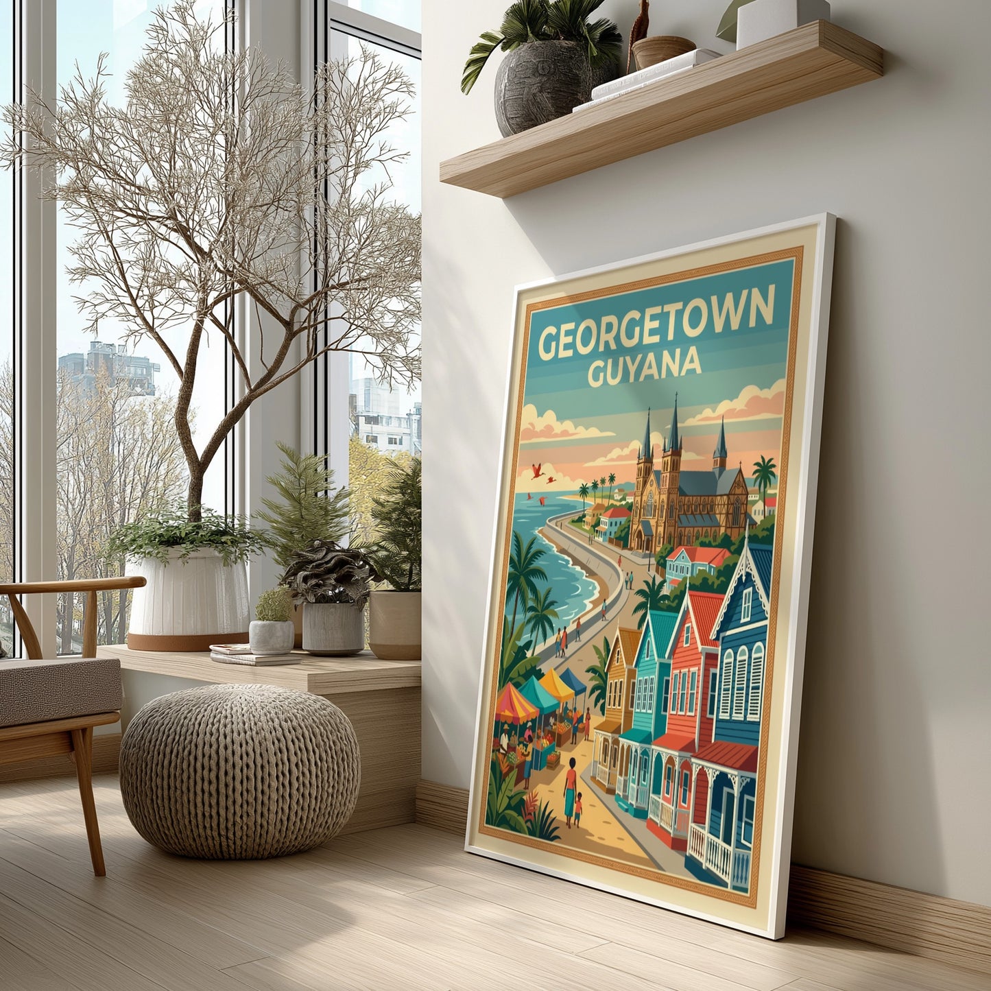 Georgetown Guyana travel poster featuring colonial buildings, a coastal market, and palm trees.