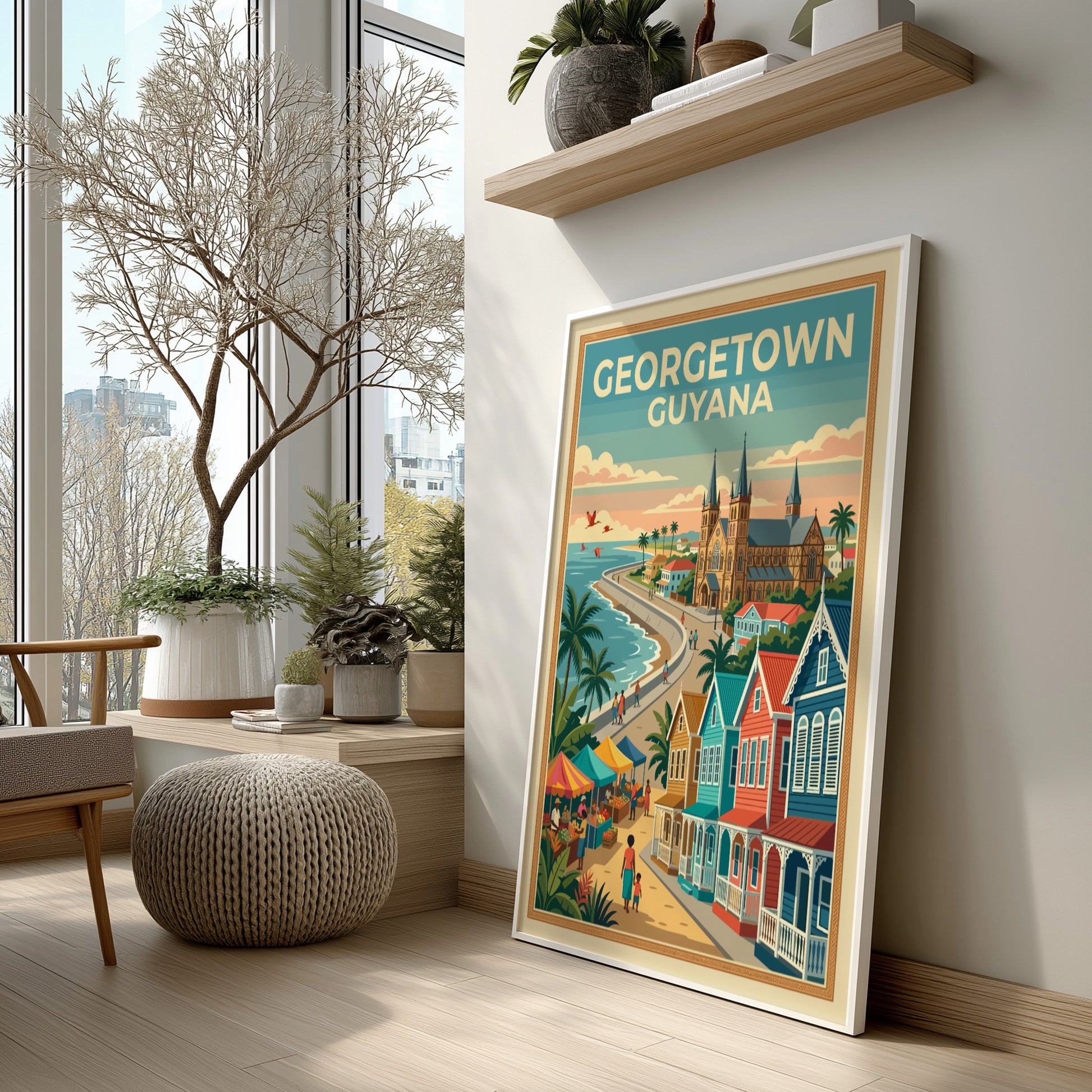 Georgetown Guyana travel poster featuring colonial buildings, a coastal market, and palm trees.