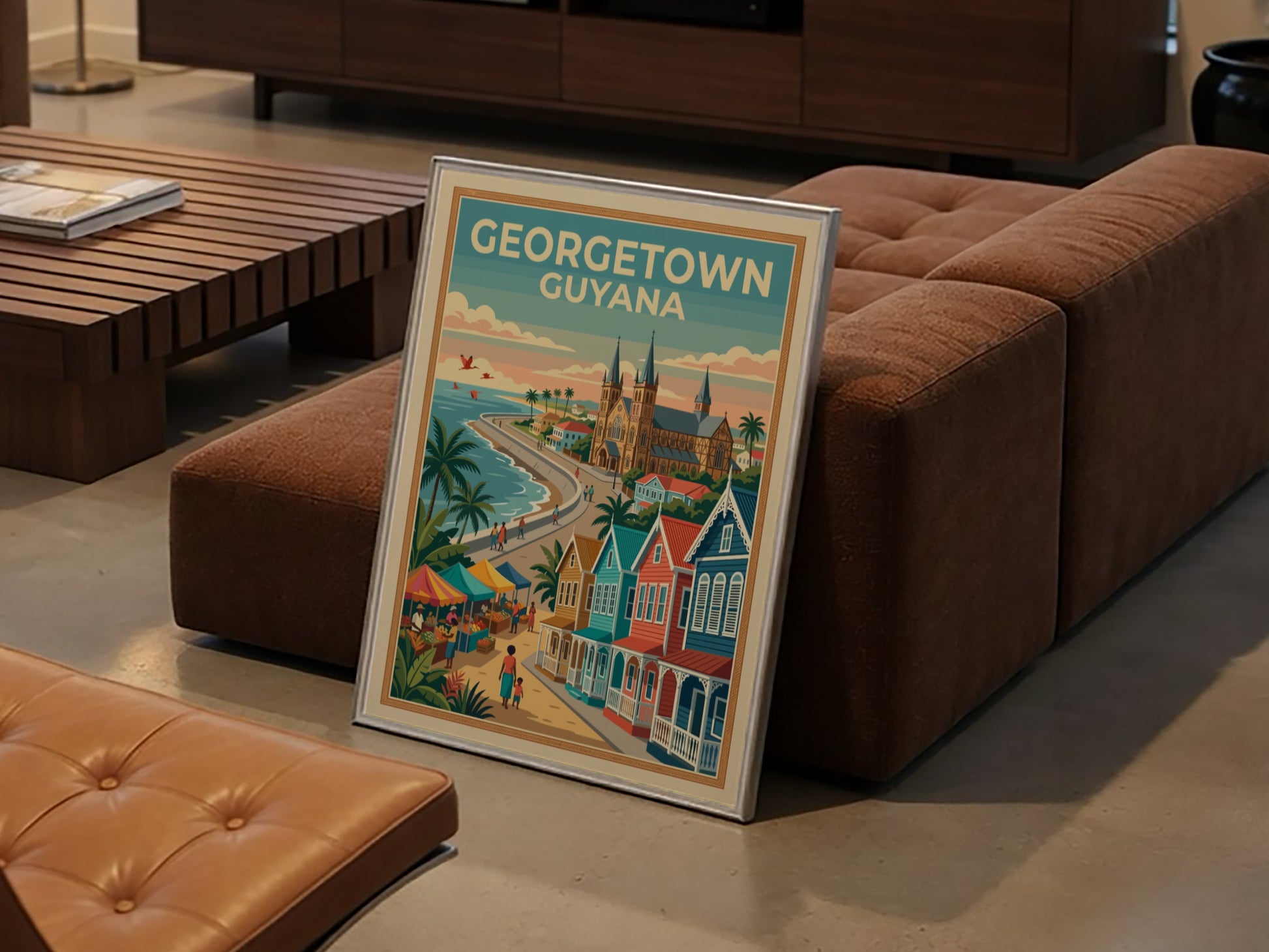 Georgetown Guyana travel poster featuring colonial buildings, a coastal market, and palm trees.