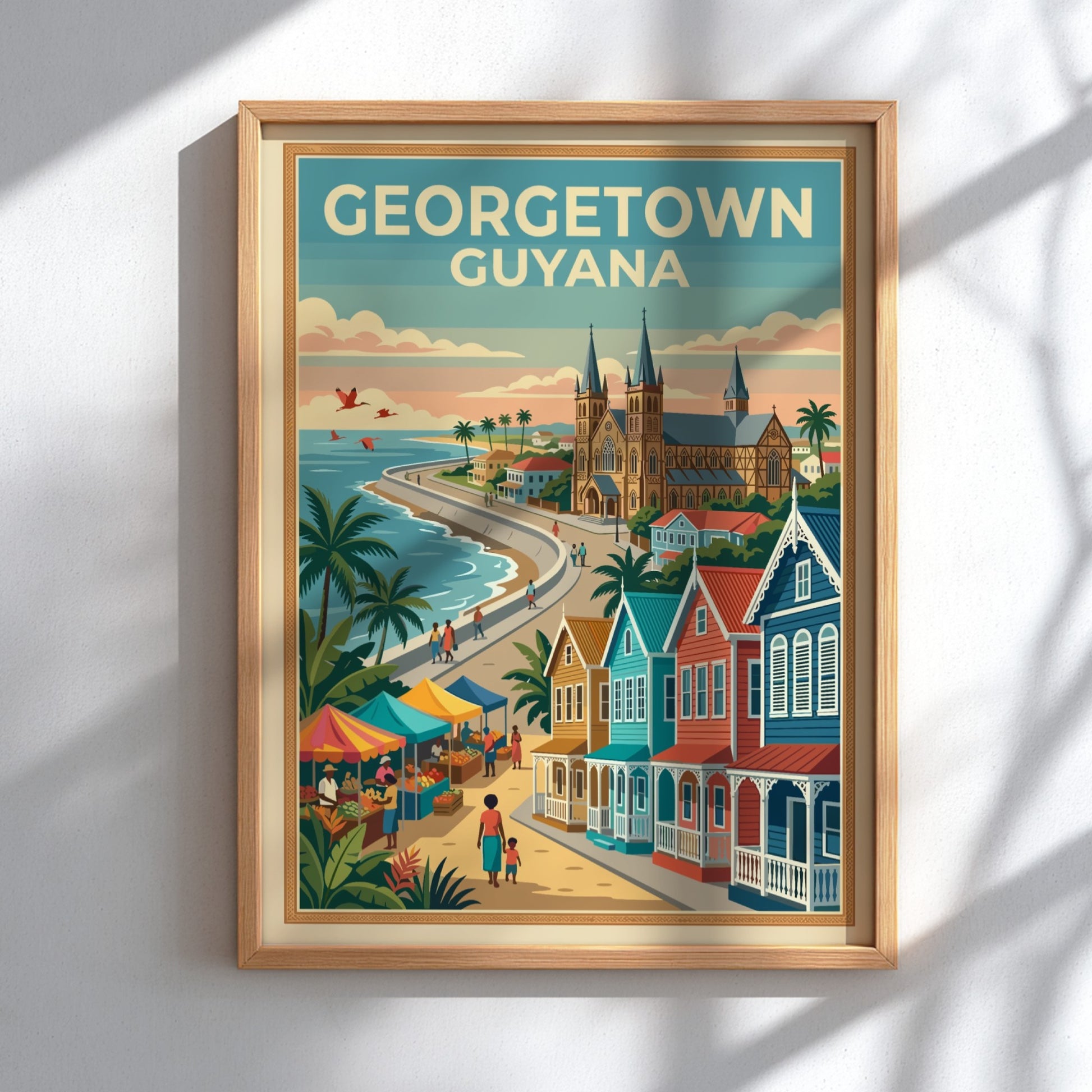 Georgetown Guyana travel poster featuring colonial buildings, a coastal market, and palm trees.