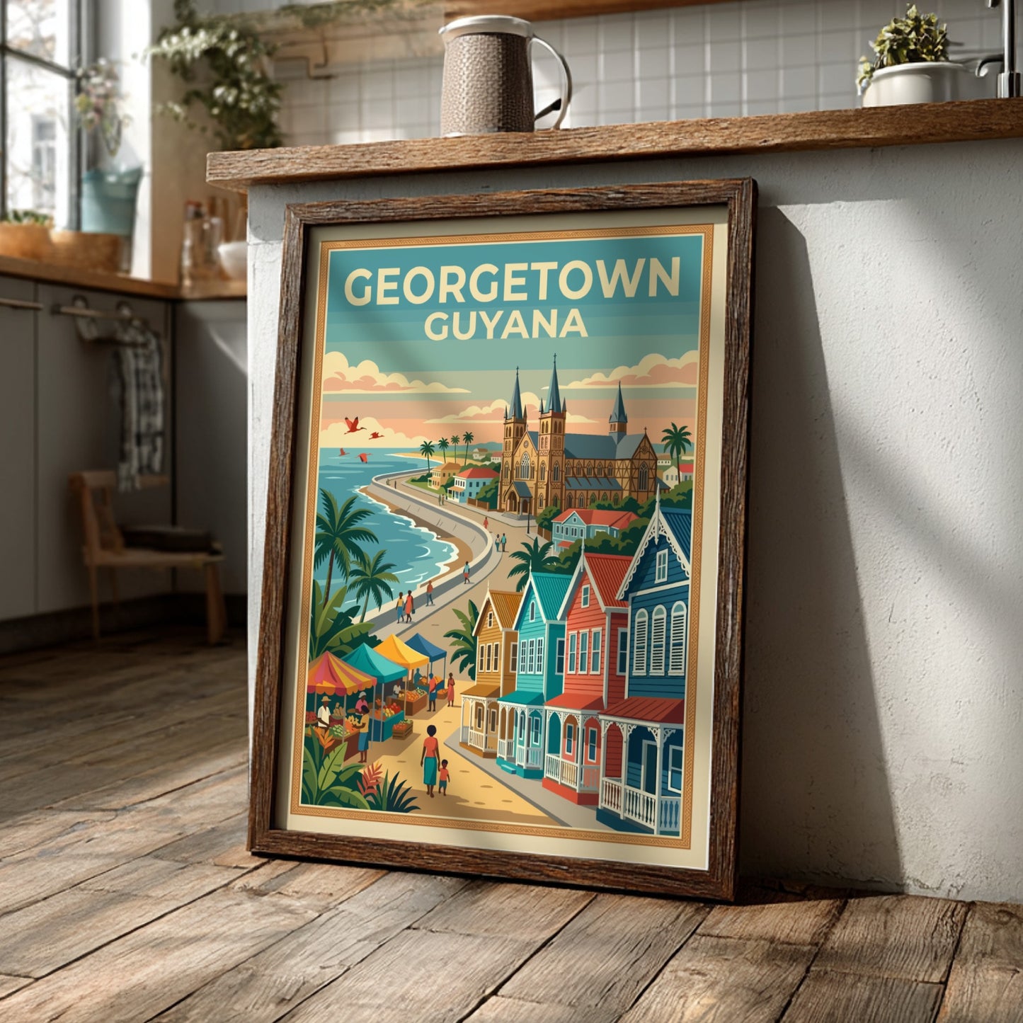 Georgetown Guyana travel poster featuring colonial buildings, a coastal market, and palm trees.
