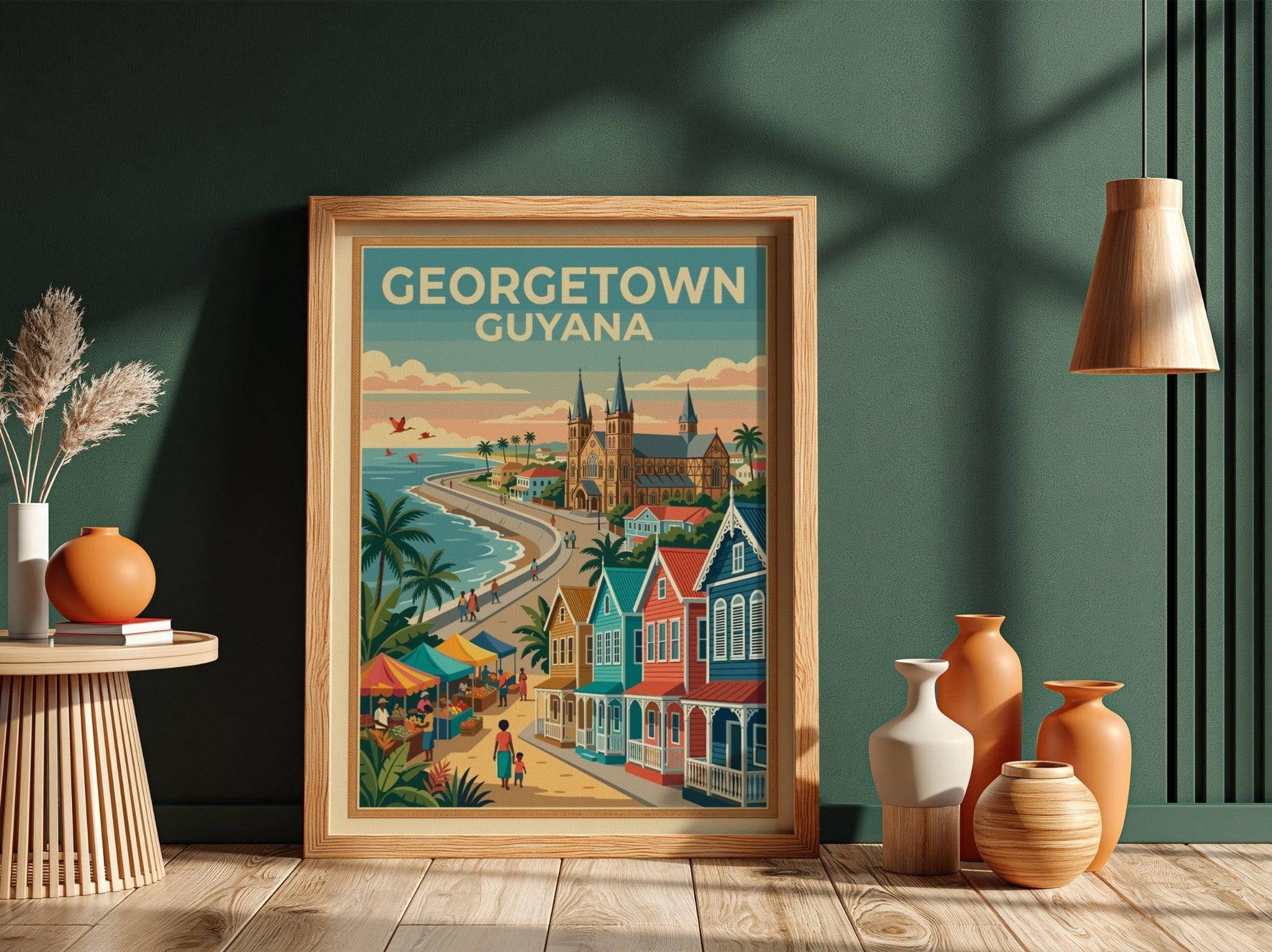 Georgetown Guyana travel poster featuring colonial buildings, a coastal market, and palm trees.