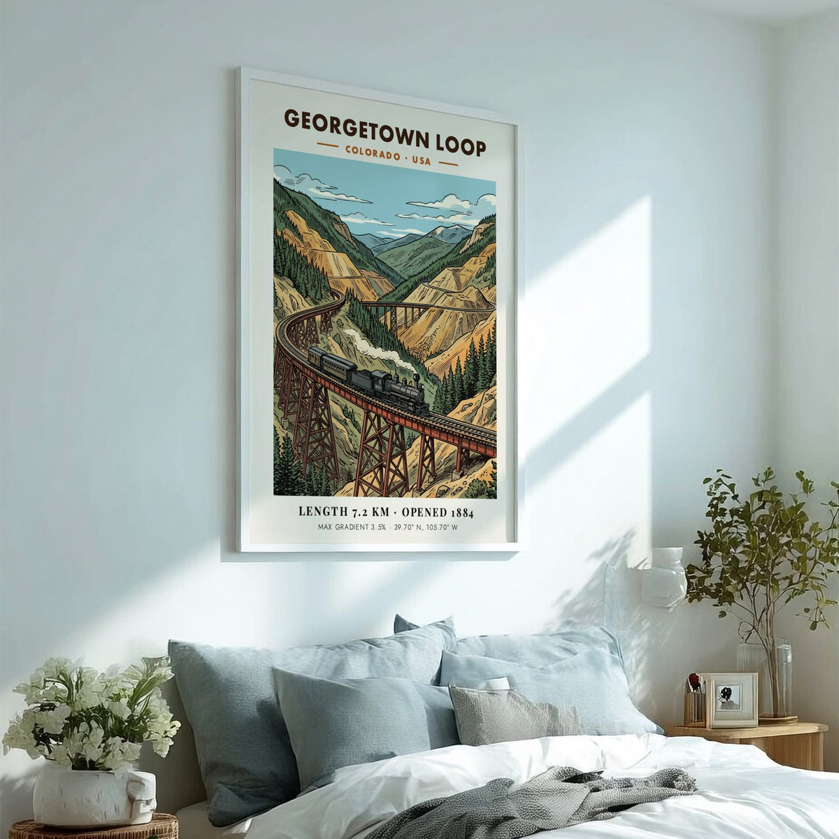 Georgetown Loop travel poster featuring a steam train crossing a high mountain bridge