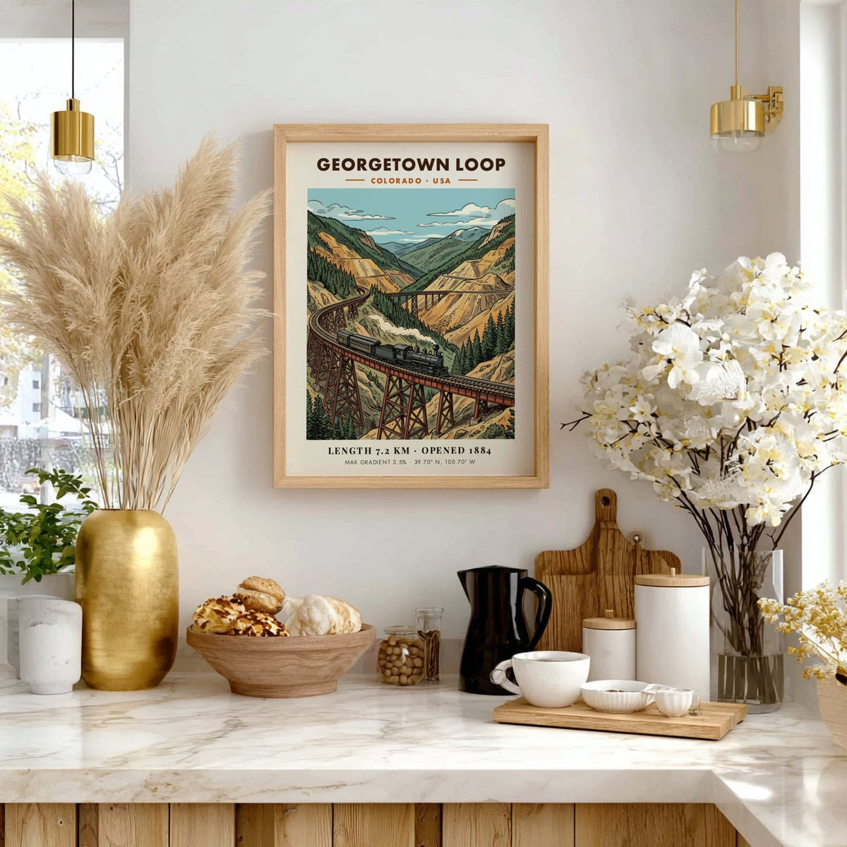 Georgetown Loop travel poster featuring a steam train crossing a high mountain bridge