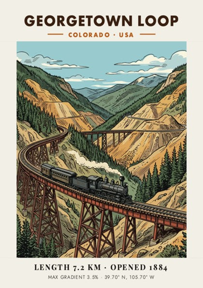 Georgetown Loop travel poster featuring a steam train crossing a high mountain bridge