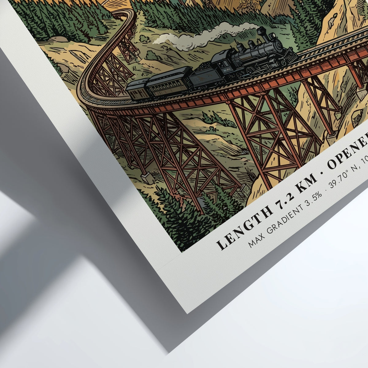 Georgetown Loop travel poster featuring a steam train crossing a high mountain bridge