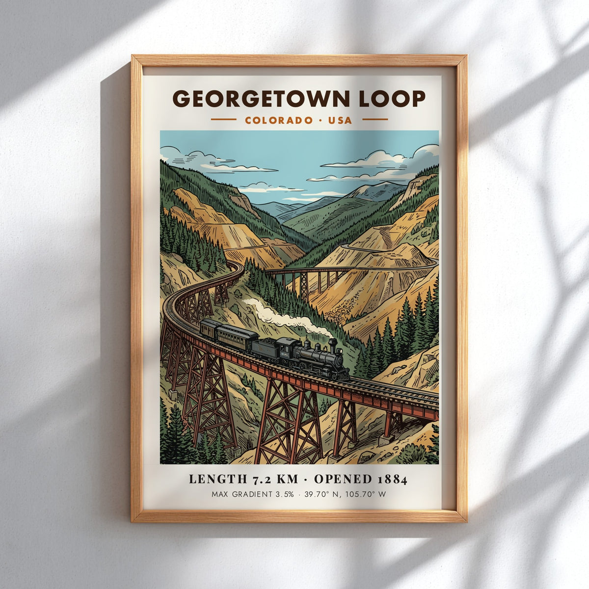 Georgetown Loop travel poster featuring a steam train crossing a high mountain bridge