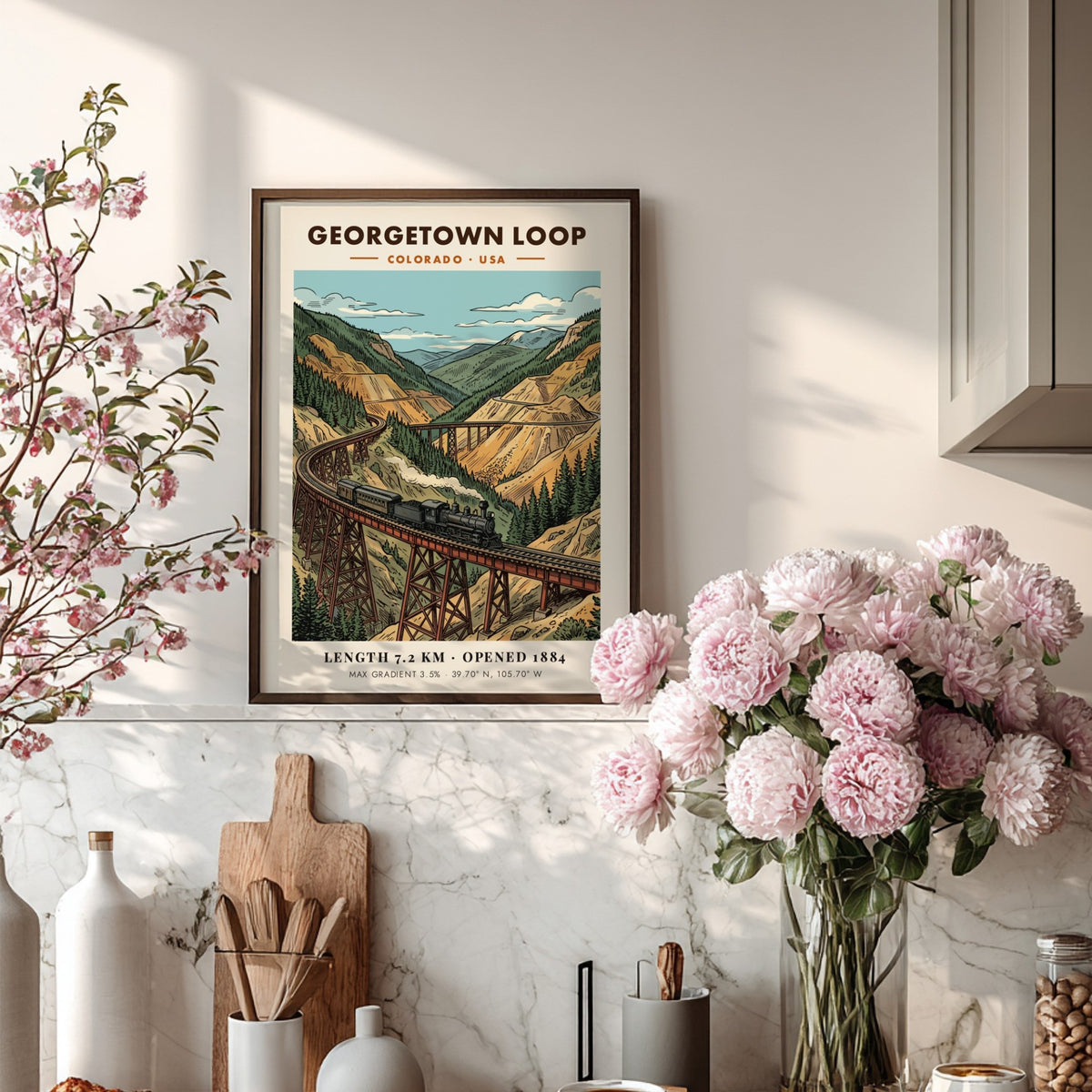 Georgetown Loop travel poster featuring a steam train crossing a high mountain bridge