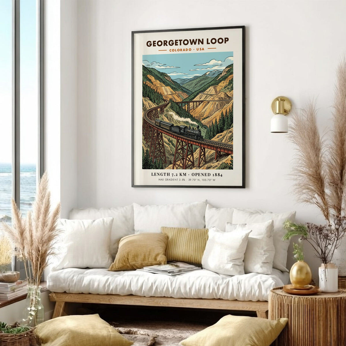 Georgetown Loop travel poster featuring a steam train crossing a high mountain bridge