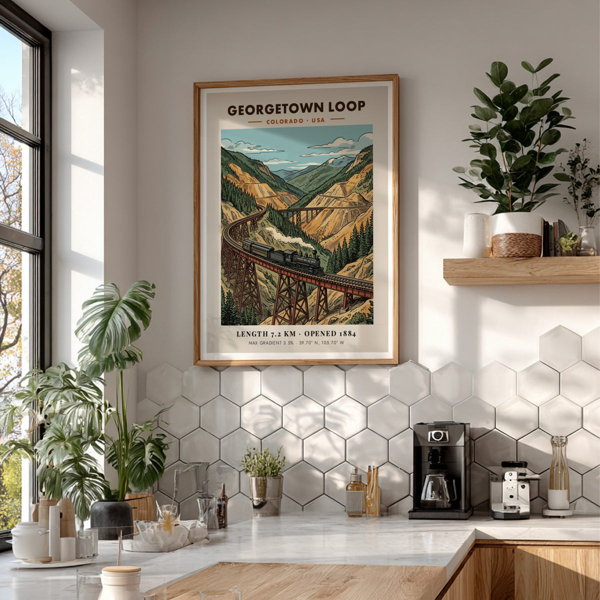 Georgetown Loop travel poster featuring a steam train crossing a high mountain bridge