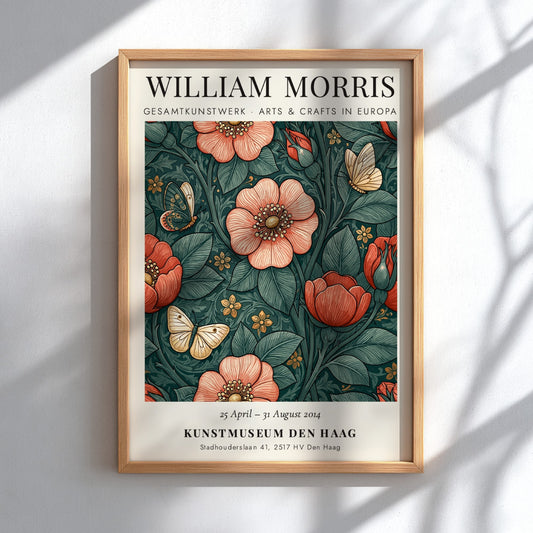 William Morris poster featuring floral design with butterflies in rich colors