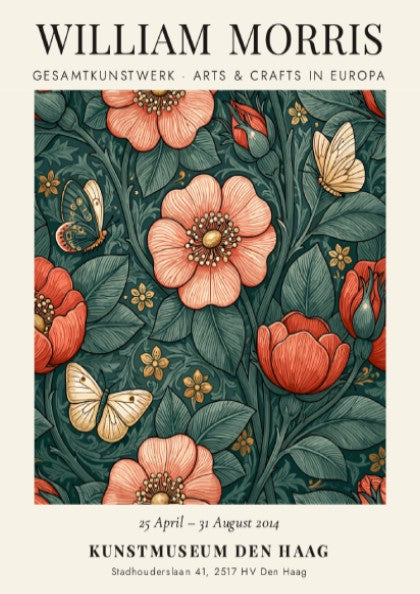 William Morris poster featuring floral design with butterflies in rich colors