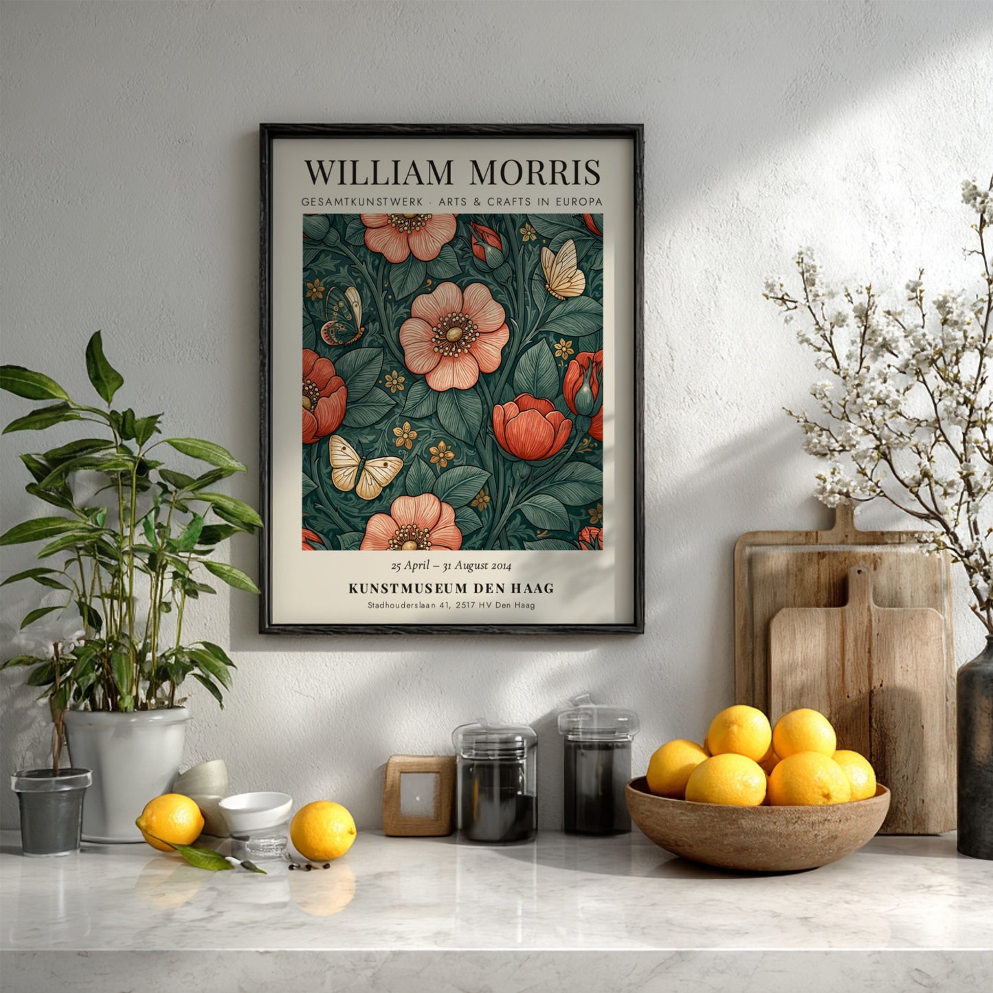 William Morris poster featuring floral design with butterflies in rich colors