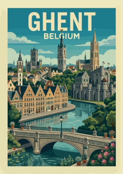 Ghent Belgium travel poster featuring a canal, historic buildings, and towers in a vintage art style.