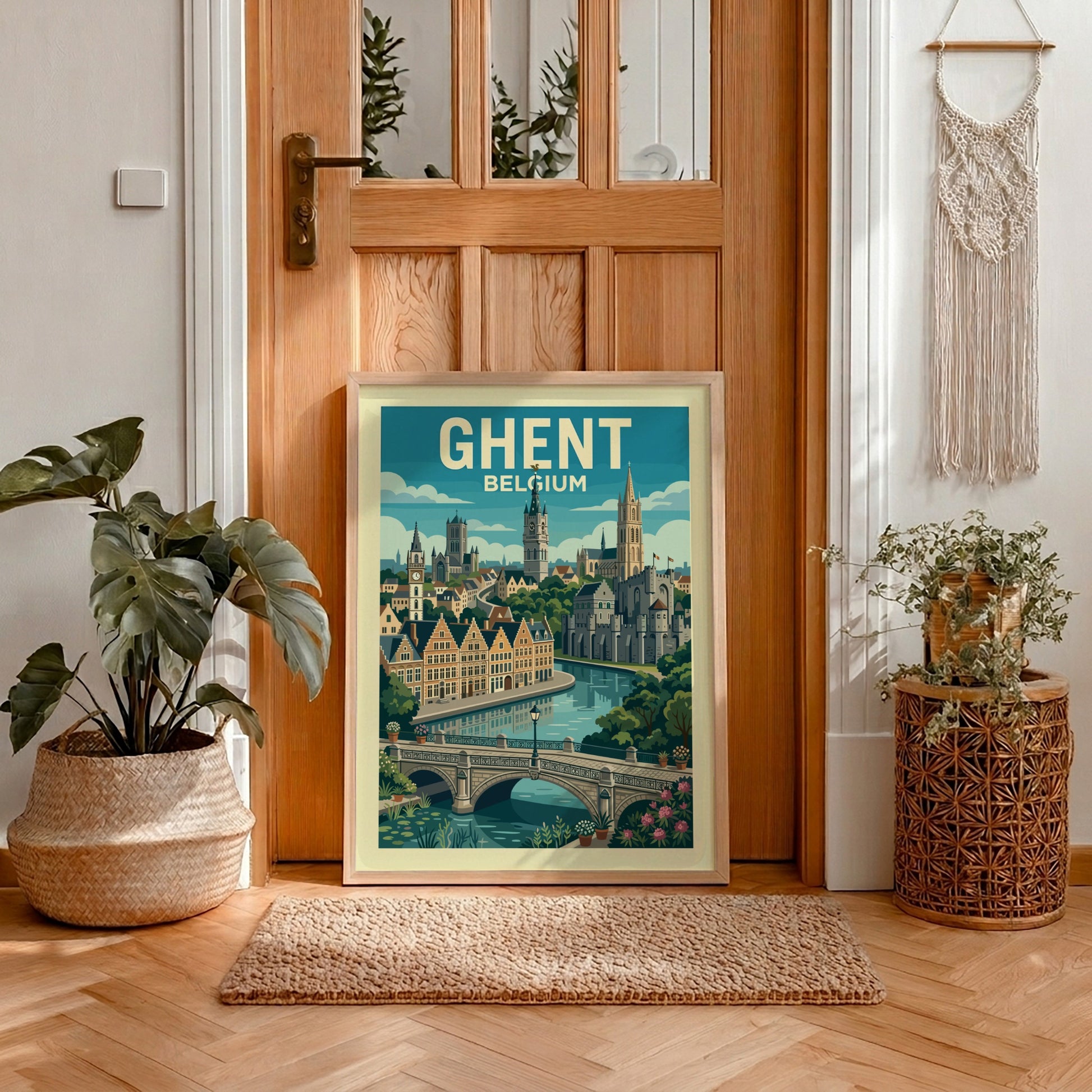 Ghent Belgium travel poster featuring a canal, historic buildings, and towers in a vintage art style.