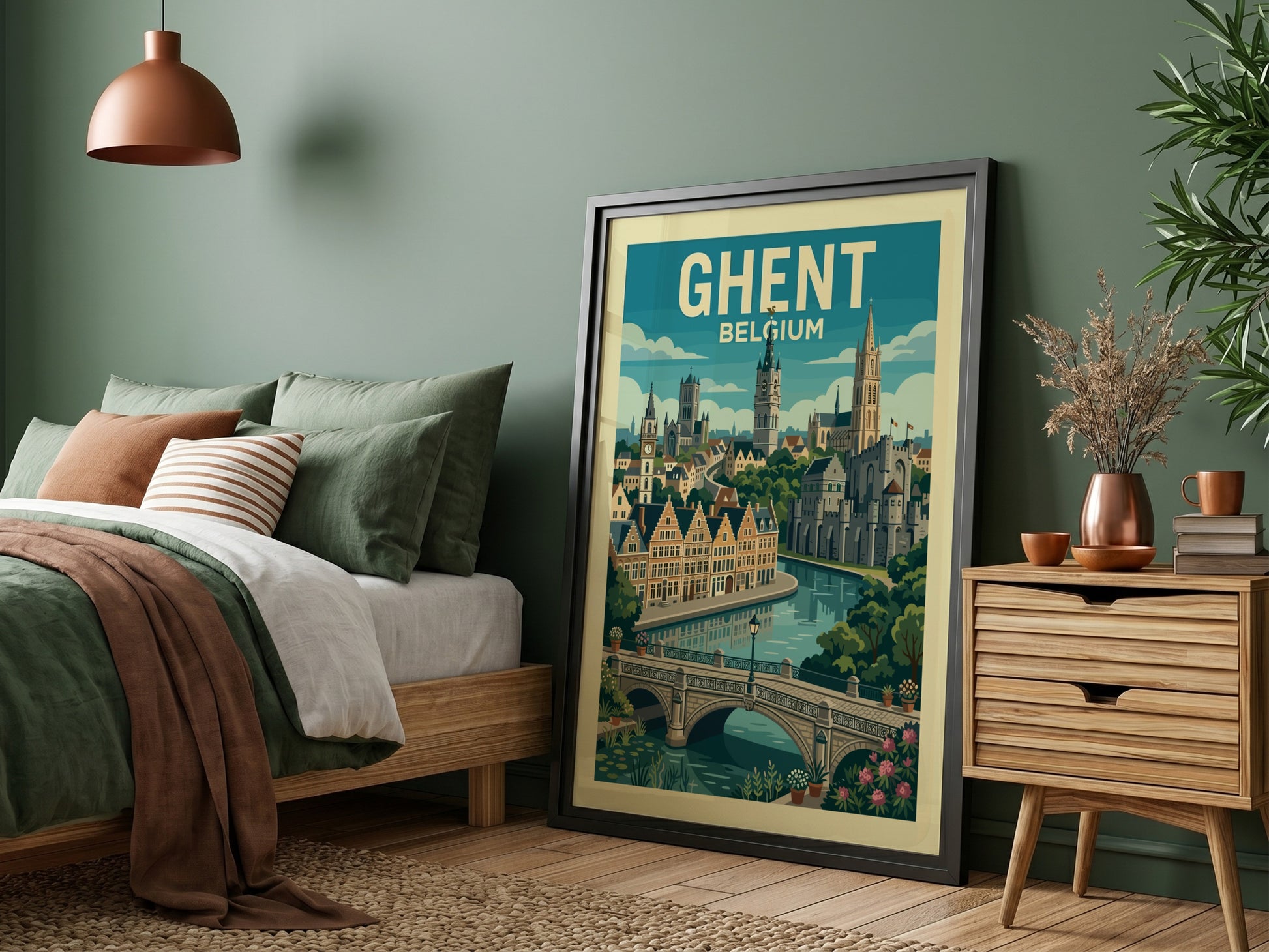 Ghent Belgium travel poster featuring a canal, historic buildings, and towers in a vintage art style.
