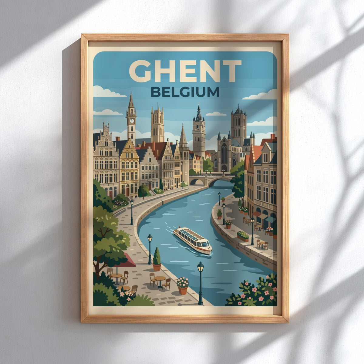 Travel poster of Ghent Belgium featuring historic buildings along a canal with boat