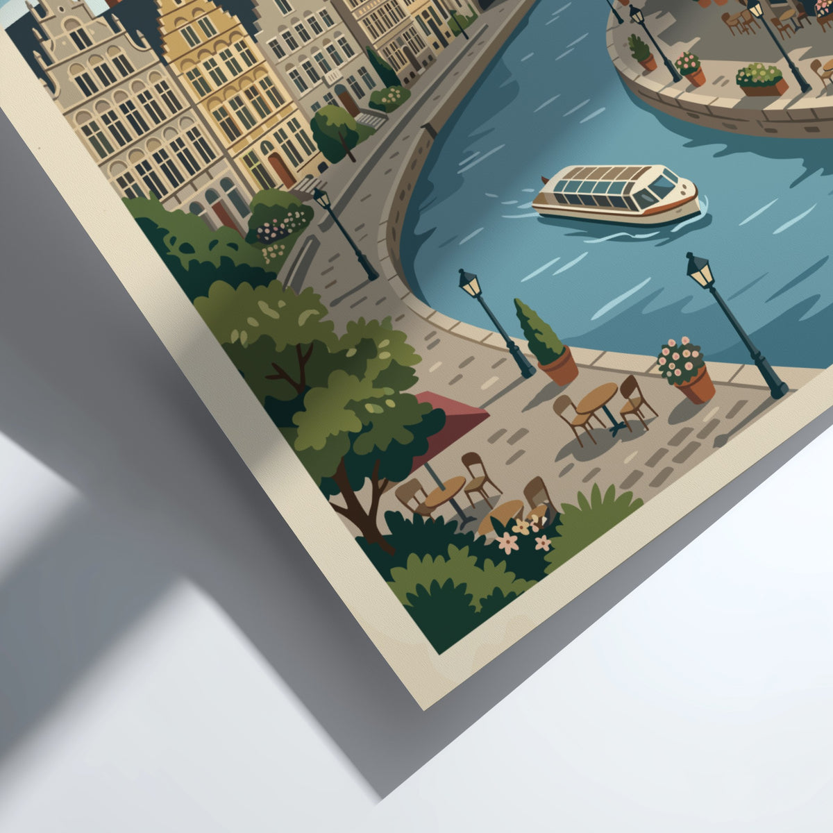 Travel poster of Ghent Belgium featuring historic buildings along a canal with boat