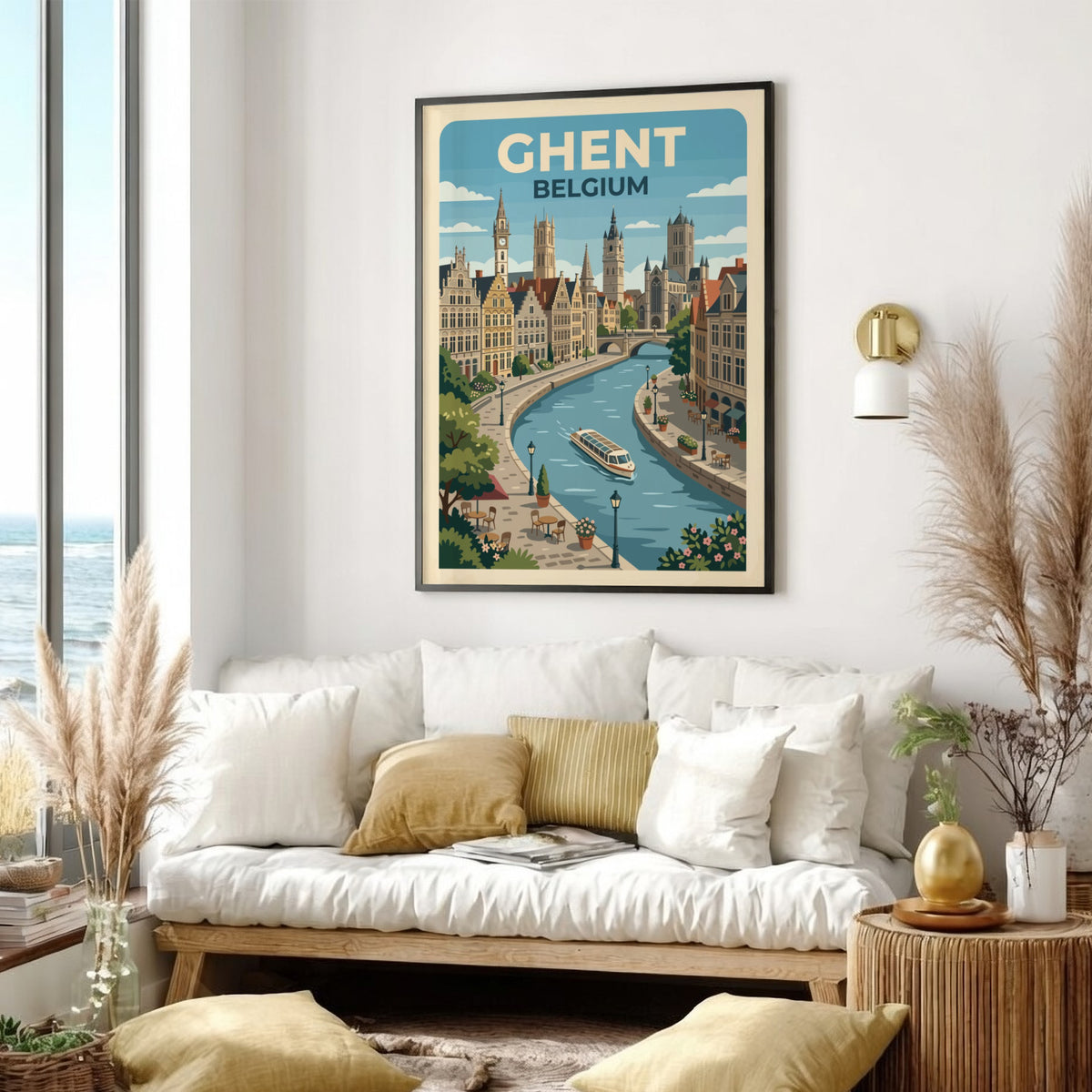 Travel poster of Ghent Belgium featuring historic buildings along a canal with boat