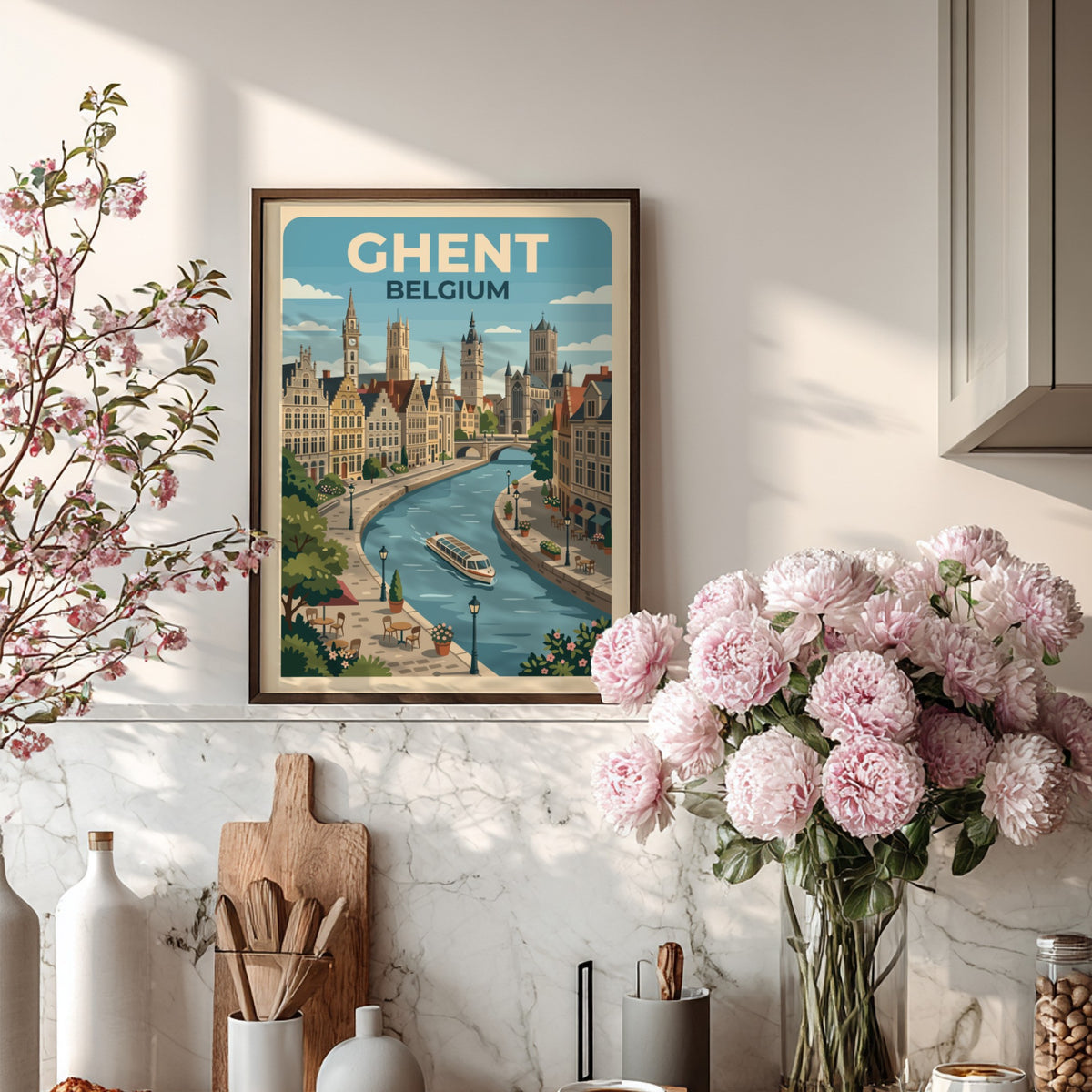 Travel poster of Ghent Belgium featuring historic buildings along a canal with boat