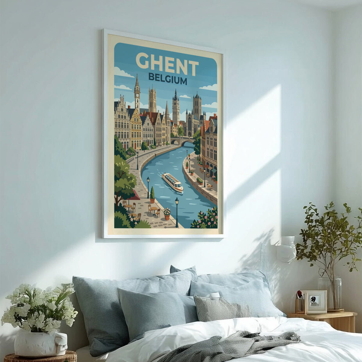 Travel poster of Ghent Belgium featuring historic buildings along a canal with boat