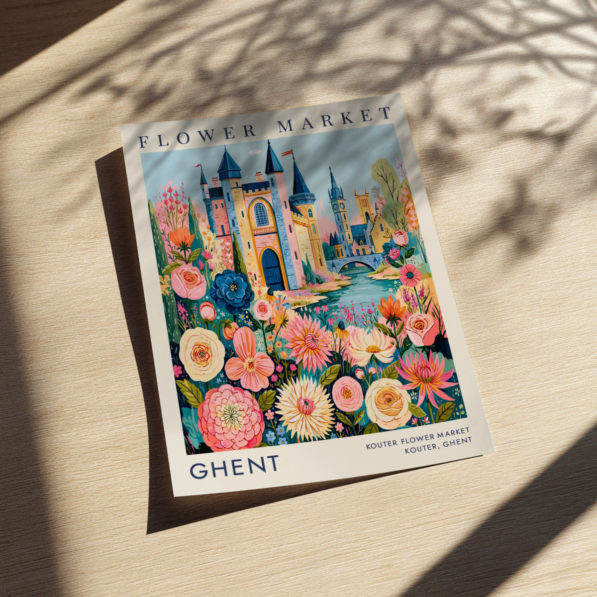 Flower market poster featuring vibrant cityscape and florals in pink and green hues