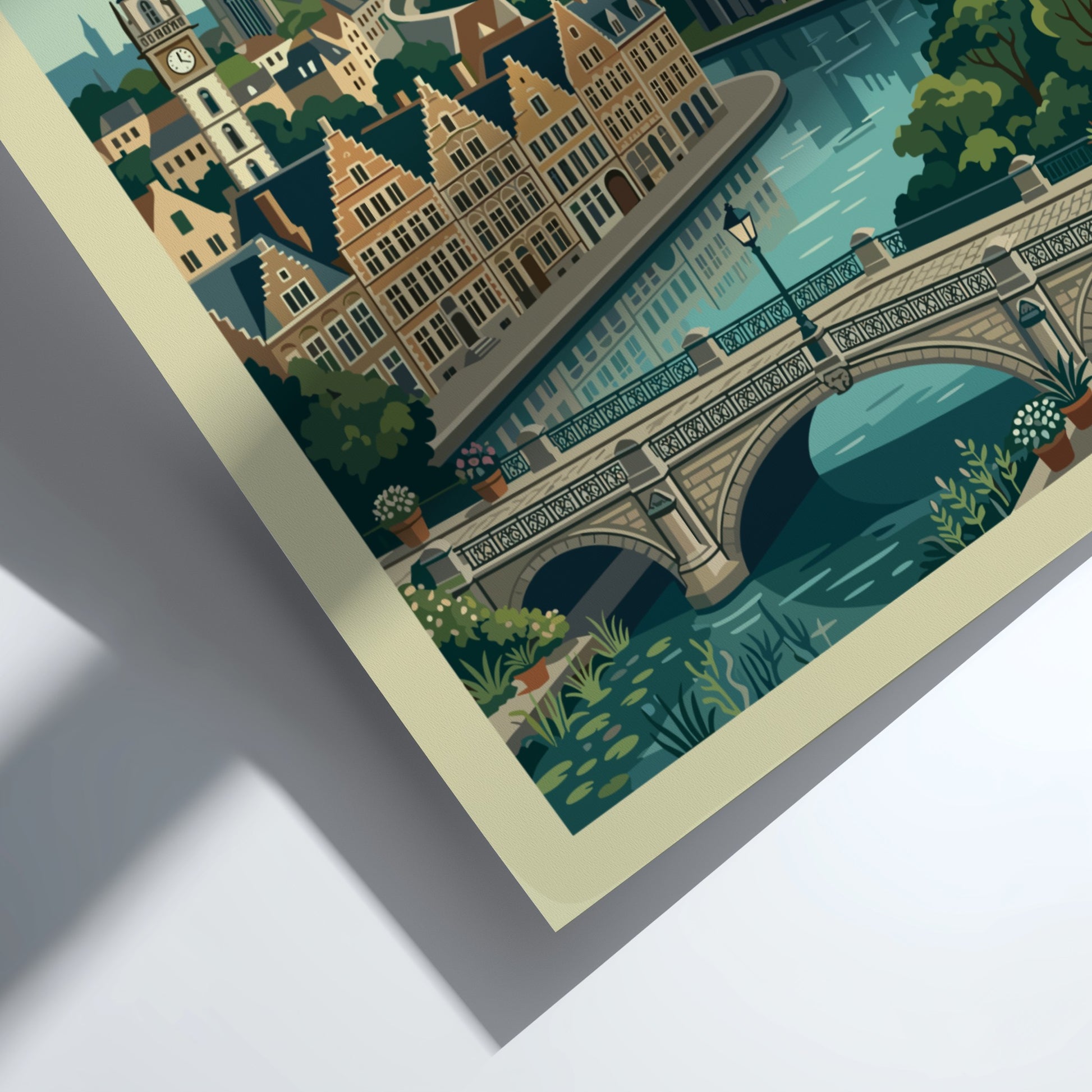Ghent Belgium travel poster featuring a canal, historic buildings, and towers in a vintage art style.